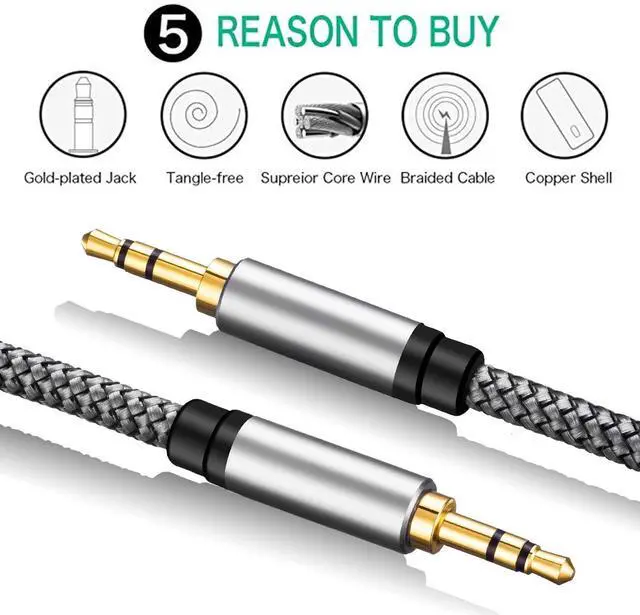 Alt view image 2 of 7 - 3.5mm Nylon Braided Aux Cable 12Ft, Audio Auxiliary Input Adapter Male to Male Cord for Headphones, Car, Home Stereos, Speaker, iPhone, iPad, iPod & More(12Ft/4M,Silver)