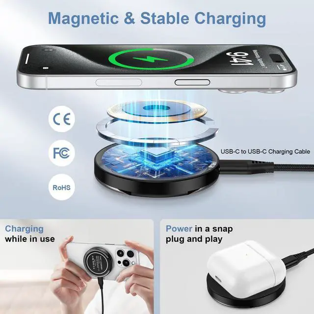 Alt view image 3 of 7 - Samsung Magnetic Charger Wireless Fast Charging Pad for Samsung Galaxy S26 S25 Ultra/S24 Plus/S23/S22/S21/S20/S10/15W MagSafe Charger Stand for iPhone 17/16 Pro Max/15/14/13/12/Pixel 9 Pro/9a/8a/7a/7