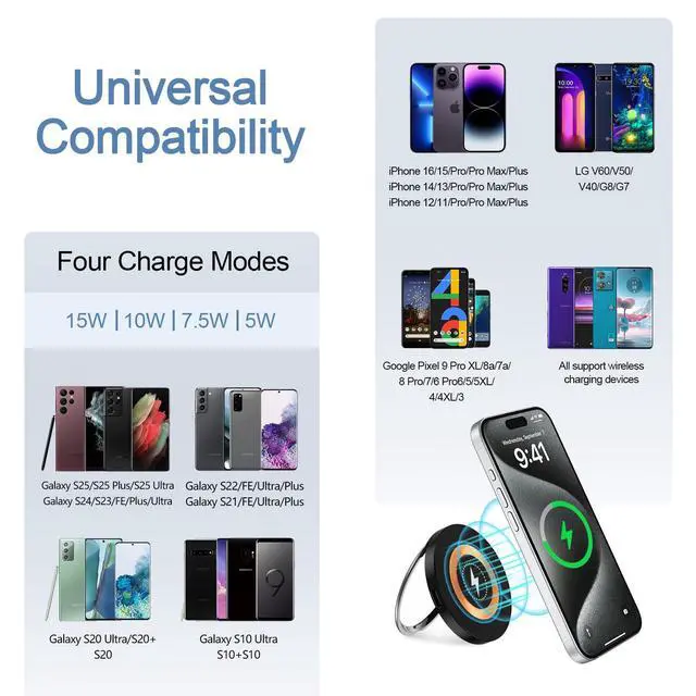 Alt view image 5 of 7 - Samsung Magnetic Charger Wireless Fast Charging Pad for Samsung Galaxy S26 S25 Ultra/S24 Plus/S23/S22/S21/S20/S10/15W MagSafe Charger Stand for iPhone 17/16 Pro Max/15/14/13/12/Pixel 9 Pro/9a/8a/7a/7