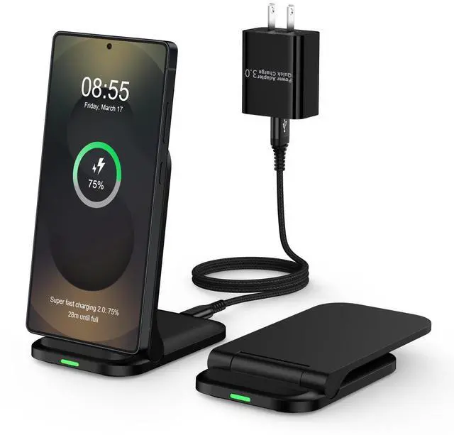 Main image of Foldable Samsung Wireless Charger Fast Charging Stand Wireless Android Desk Phone Charger Pad 15W for Samsung Galaxy S25 Edge S25 Ultra S25 Plus S24 S23 S22, iPhone 16e/16 Plus/Pro, with 18W Adapter