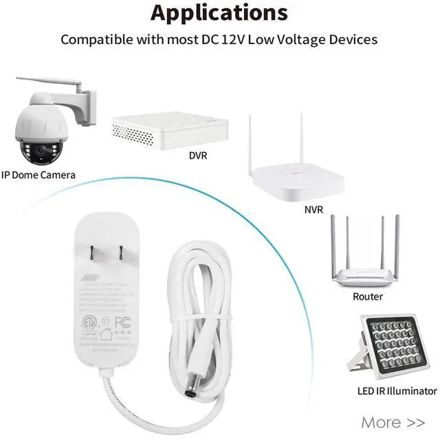 Alt view image 3 of 7 - 36W 12V 3A/3000mA Power Supply Adapter 6ft Cord DC Power Cable to 110-240V AC Adapter UL/CE/FCC Certified 5.5mmx2.1mm DC Plug with LED Terminal Connector for LED Strip Light,CCTV Camera(White)