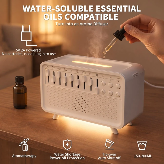 Alt view image 5 of 7 - 4-in-1 White Noise Sleep Sound Machine with Humidifier, Diffuser, Bluetooth Speaker & Night Light, 8 Natural Sounds, USB Powered, Timer, Sound Machine for Sleeping Adults and Baby, Bedroom, Yoga