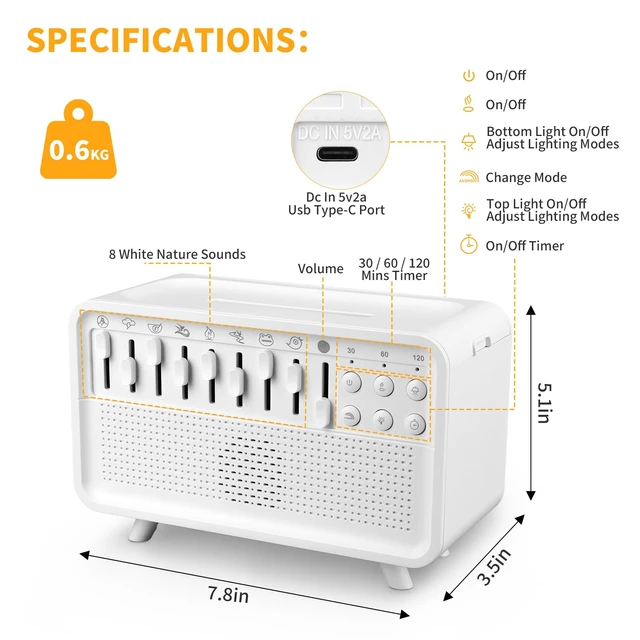 Alt view image 7 of 7 - 4-in-1 White Noise Sleep Sound Machine with Humidifier, Diffuser, Bluetooth Speaker & Night Light, 8 Natural Sounds, USB Powered, Timer, Sound Machine for Sleeping Adults and Baby, Bedroom, Yoga