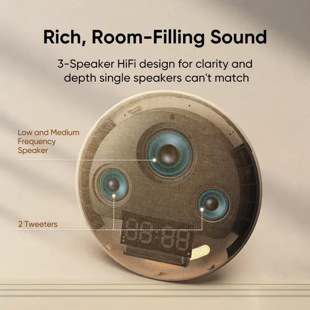 Alt view image 3 of 7 - Alarm Clock Sound Machine with Bluetooth Speaker - Room-Filling Sound, White Noise for Sleeping & Adult, Gentle Wake up Alarm, Cord-Free Use for Bedroom & Office, Oat Beige