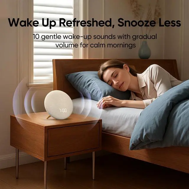 Alt view image 4 of 7 - Alarm Clock Sound Machine with Bluetooth Speaker - Room-Filling Sound, White Noise for Sleeping & Adult, Gentle Wake up Alarm, Cord-Free Use for Bedroom & Office, Oat Beige
