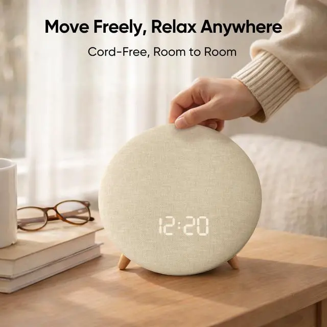 Alt view image 7 of 7 - Alarm Clock Sound Machine with Bluetooth Speaker - Room-Filling Sound, White Noise for Sleeping & Adult, Gentle Wake up Alarm, Cord-Free Use for Bedroom & Office, Oat Beige