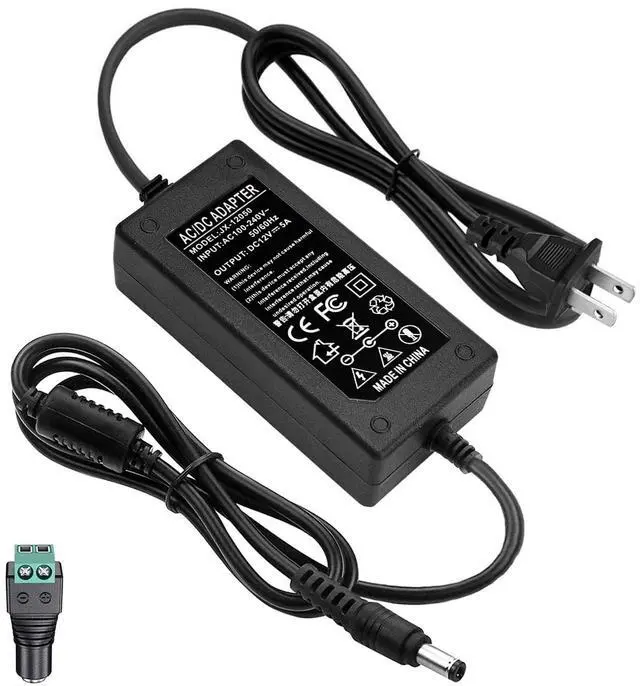 Main image of 12V 5A Power Adapter 60W AC/DC Converter Suitable for LED Strips, Surveillance Cameras, and Computer Monitors. Features a 5.5x2.5mm Connector and a 2.1mm Plug.