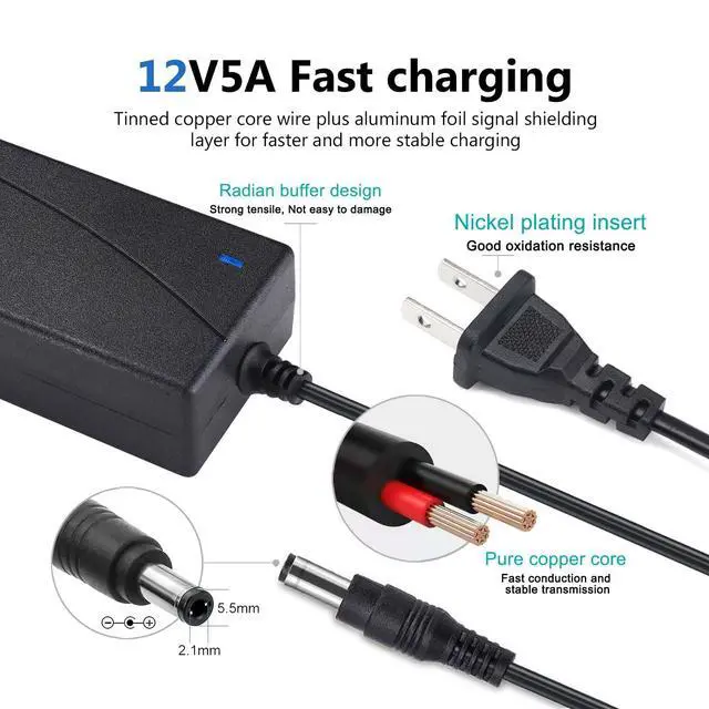Alt view image 3 of 5 - 12V 5A Power Adapter 60W AC/DC Converter Suitable for LED Strips, Surveillance Cameras, and Computer Monitors. Features a 5.5x2.5mm Connector and a 2.1mm Plug.