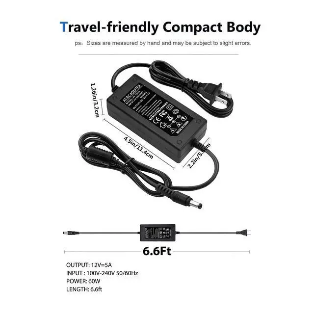Alt view image 5 of 5 - 12V 5A Power Adapter 60W AC/DC Converter Suitable for LED Strips, Surveillance Cameras, and Computer Monitors. Features a 5.5x2.5mm Connector and a 2.1mm Plug.