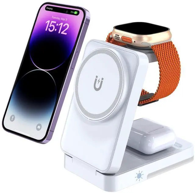 Main image of 3-in-1 Travel Magnetic Charging Station for iPhone 17/17 Pro/17 Pro Max/Air/16 15 14 13 12 Pro Max Plus mini/Apple Watch/Airpods, Foldable Portable Wireless Charger Stand with Night Light-White