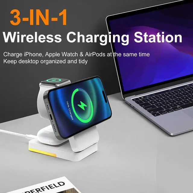 Alt view image 2 of 7 - 3-in-1 Travel Magnetic Charging Station for iPhone 17/17 Pro/17 Pro Max/Air/16 15 14 13 12 Pro Max Plus mini/Apple Watch/Airpods, Foldable Portable Wireless Charger Stand with Night Light-White