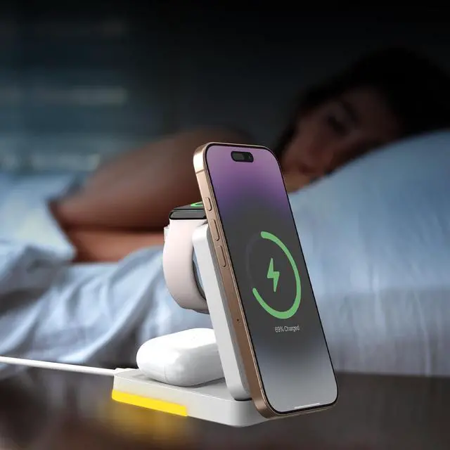 Alt view image 3 of 7 - 3-in-1 Travel Magnetic Charging Station for iPhone 17/17 Pro/17 Pro Max/Air/16 15 14 13 12 Pro Max Plus mini/Apple Watch/Airpods, Foldable Portable Wireless Charger Stand with Night Light-White