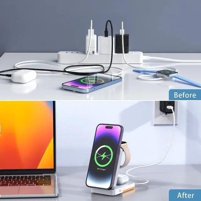 Alt view image 6 of 7 - 3-in-1 Travel Magnetic Charging Station for iPhone 17/17 Pro/17 Pro Max/Air/16 15 14 13 12 Pro Max Plus mini/Apple Watch/Airpods, Foldable Portable Wireless Charger Stand with Night Light-White