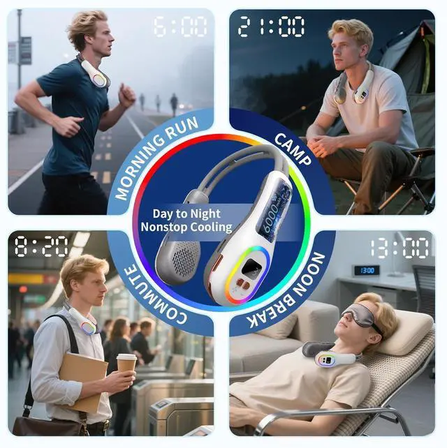 Alt view image 7 of 7 - Portable Neck Fan, 360° Wind Direction Adjustment Bladeless Fan, 6000mAh Battery Operated Wearable Personal Fan, Flexible Cooling Fan for Outdoor & Indoor Activities and Travel -White,Medium
