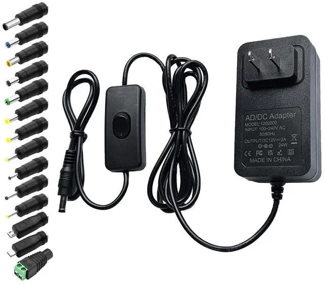 Main image of 12V DC Power Supply 2A AC Adapter 24W DC 12V Power Cord with Switch 6.2FT &14 Tips AC/DC 100-240V to 12Volt 2Amp 1.5A 1A 0.5A Universal Power Converter 5.5×2.5mm Plug for LED Strips,Fans,Routers,Pumps
