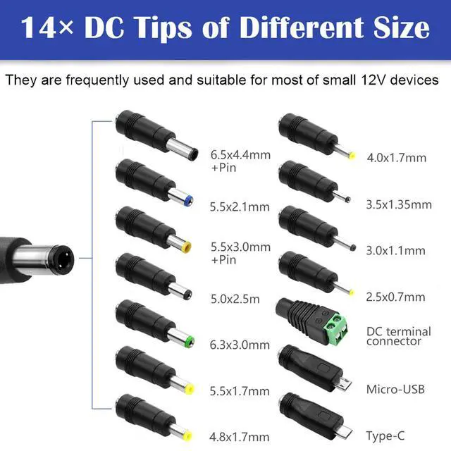 Alt view image 3 of 7 - 12V DC Power Supply 2A AC Adapter 24W DC 12V Power Cord with Switch 6.2FT &14 Tips AC/DC 100-240V to 12Volt 2Amp 1.5A 1A 0.5A Universal Power Converter 5.5×2.5mm Plug for LED Strips,Fans,Routers,Pumps