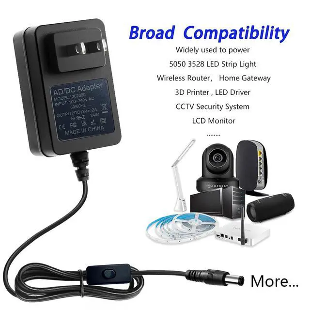 Alt view image 5 of 7 - 12V DC Power Supply 2A AC Adapter 24W DC 12V Power Cord with Switch 6.2FT &14 Tips AC/DC 100-240V to 12Volt 2Amp 1.5A 1A 0.5A Universal Power Converter 5.5×2.5mm Plug for LED Strips,Fans,Routers,Pumps
