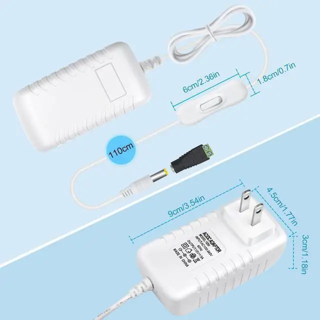 Alt view image 2 of 7 - 12V Power Supply, 12 Volt 3A 36W DC Power Supply with On Off Switch, White Switching LED Power Adapter, AC 110V to 12V Wall Wart Transformer Plug for LED Strip Lights with 5.5/2.1 DC Female Connector
