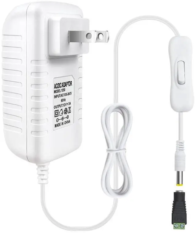 Main image of 12V Power Supply, 12 Volt 3A 36W DC Power Supply with On Off Switch, White Switching LED Power Adapter, AC 110V to 12V Wall Wart Transformer Plug for LED Strip Lights with 5.5/2.1 DC Female Connector