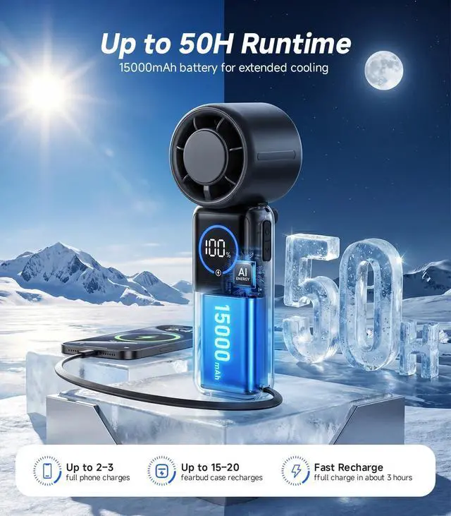 Alt view image 4 of 7 - Turbo Handheld Portable Fan, 15000mAh Rechargeable Personal Fan