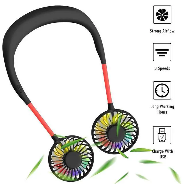 Alt view image 2 of 7 - Portable Neck Fan, USB Rechargeable Fan with 3 Adjustable Speeds, LED Light Wearable Fan - Black