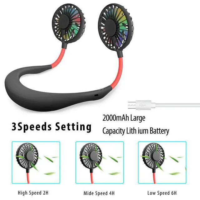Alt view image 3 of 7 - Portable Neck Fan, USB Rechargeable Fan with 3 Adjustable Speeds, LED Light Wearable Fan - Black