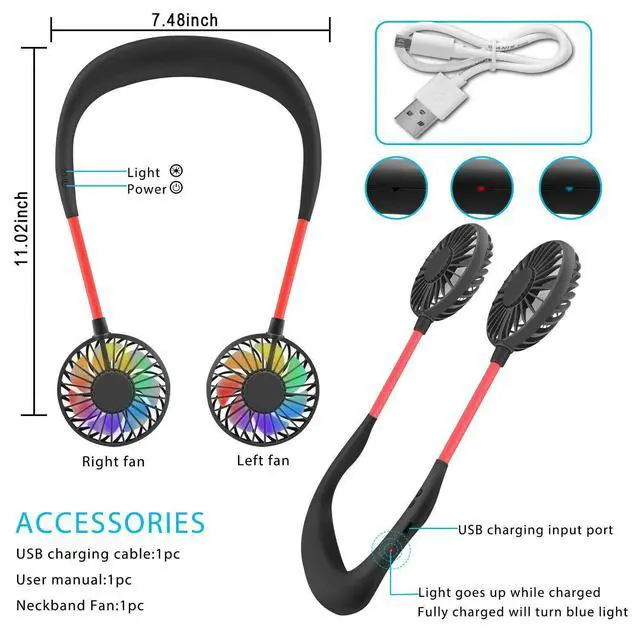 Alt view image 5 of 7 - Portable Neck Fan, USB Rechargeable Fan with 3 Adjustable Speeds, LED Light Wearable Fan - Black