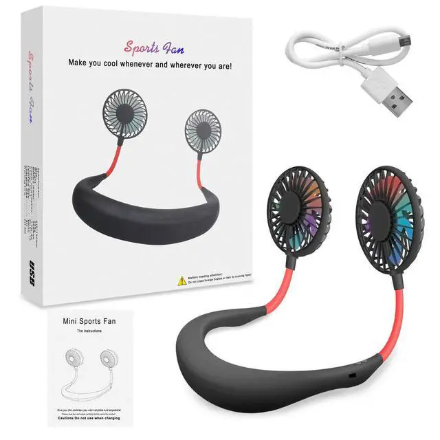 Alt view image 7 of 7 - Portable Neck Fan, USB Rechargeable Fan with 3 Adjustable Speeds, LED Light Wearable Fan - Black