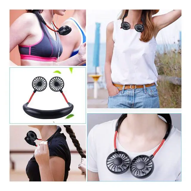 Alt view image 6 of 7 - Portable Neck Fan, USB Rechargeable Fan with 3 Adjustable Speeds, LED Light Wearable Fan - Black