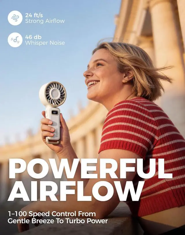 Alt view image 2 of 7 - Portable Turbo Fan, 100 Speed Handheld Fan with Strong Airflow, Foldable 4 in 1 Personal Fan for Neck, Desk & Travel, USB-C Rechargeable, Lightweight for Summer, Concerts & Outdoor Use