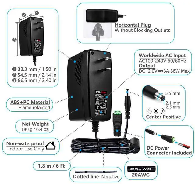Alt view image 3 of 7 - UL Listed 12V 3A 36W Power Supply AC DC Switching Adapter, 12 Volt 3 Amp AC/DC Wall Wart Converter Transformer, 100-240v 50 60HZ Input with 12vdc 3000ma Output