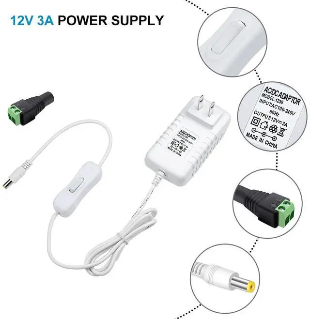 Alt view image 5 of 7 - 12V Power Supply, 12 Volt 3A 36W DC Power Supply with On Off Switch, White Switching LED Power Adapter, AC 110V to 12V Wall Wart Transformer Plug for LED Strip Lights with 5.5/2.1 DC Female Connector