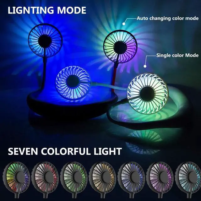 Alt view image 4 of 7 - Portable Neck Fan, USB Rechargeable Fan with 3 Adjustable Speeds, LED Light Wearable Fan - Black