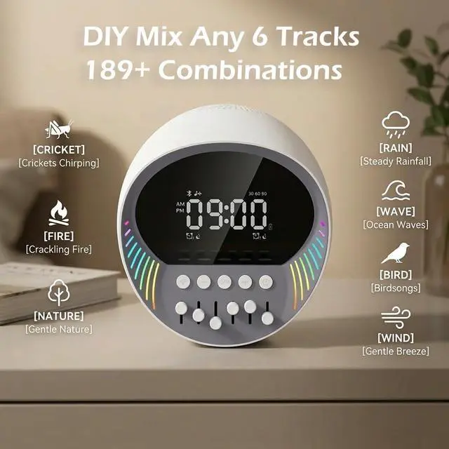 Alt view image 3 of 7 - White Noise Sound Machine with Bluetooth Speaker, 6 Mixable Nature Sounds & 6-Color Night Light, Alarm Clock, Sleep Timer for Adults, Kids, Baby Sleeping, Bedroom, Office