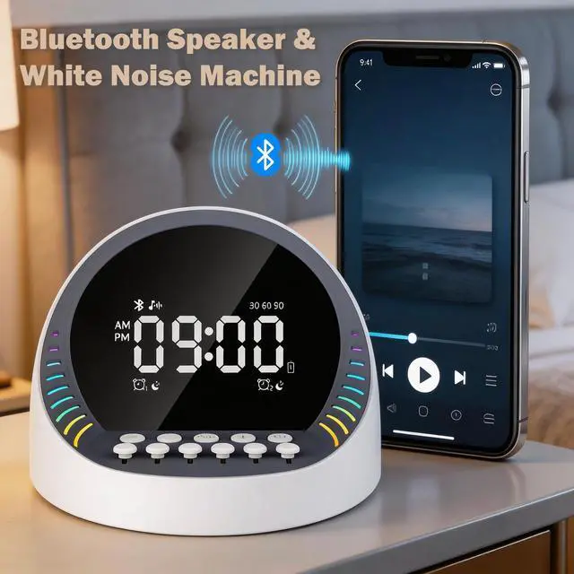 Alt view image 4 of 7 - White Noise Sound Machine with Bluetooth Speaker, 6 Mixable Nature Sounds & 6-Color Night Light, Alarm Clock, Sleep Timer for Adults, Kids, Baby Sleeping, Bedroom, Office