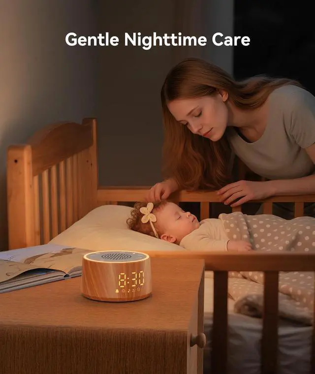 Alt view image 4 of 7 - Baby Sound Machine with Nursery Lamp, 25 Soothing Sounds, Alarm Clock, Dimmable Night Light, White Noise Machine for Sleep Sound Machine, Baby Shower Gifts Must Haves, Wood