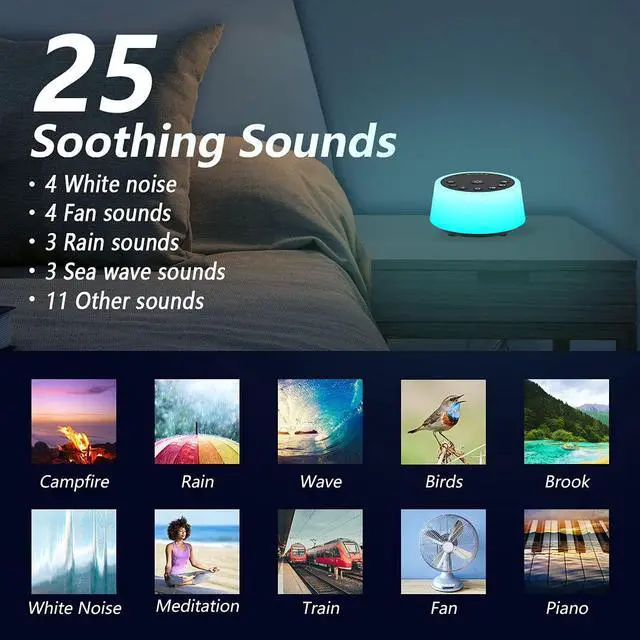 Alt view image 2 of 7 - Sound Machines with 10 Colors Night Light 25 Soothing Sounds and Sleep White Noise Machine 32 Volume Levels 5 Timers Adjustable Brightness Memory Function for Adults Kids Baby