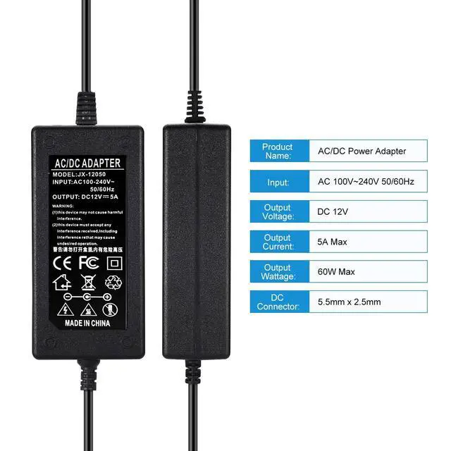 Alt view image 3 of 5 - DC 12V 5A Power Supply Adapter Converter Transformer 60W AC 100-240V Input 50/60hz with 12 Volt 5 Amp 5.5x2.5mm DC Output Jack for 5050 3528 LED Strip Module Light, DVR NVR CCTV Security Cameras