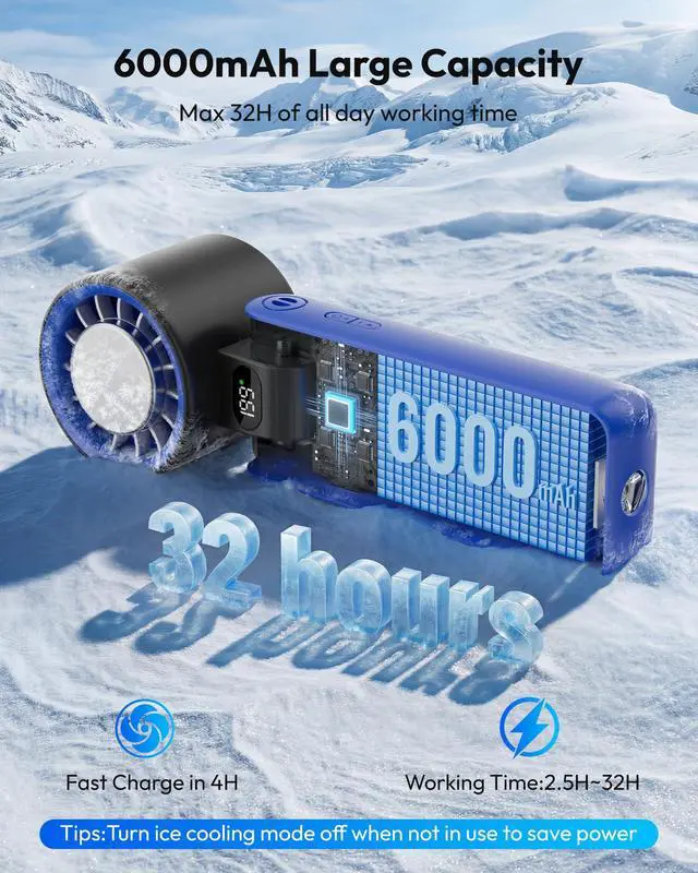 Alt view image 5 of 7 - Portable Handheld Turbo Fan with Ice Cooler, 32H Cooling Fan Portable, 199 Speeds Personal Fans 6000mAh Rechargeable Mini Hand Held Fans LED Light, Desk Camping Travel essentials Classic Blue