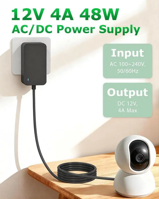Alt view image 2 of 6 - 12V 4A Power Supply Adapter Converter Transformer 48W AC 100-240V to DC 12 Volt 4amp Power Cord with 5.5x2.5mm Jack for LED Strip Lights 3D Printer CCTV Security Camera Webcam Speaker 4.9FT