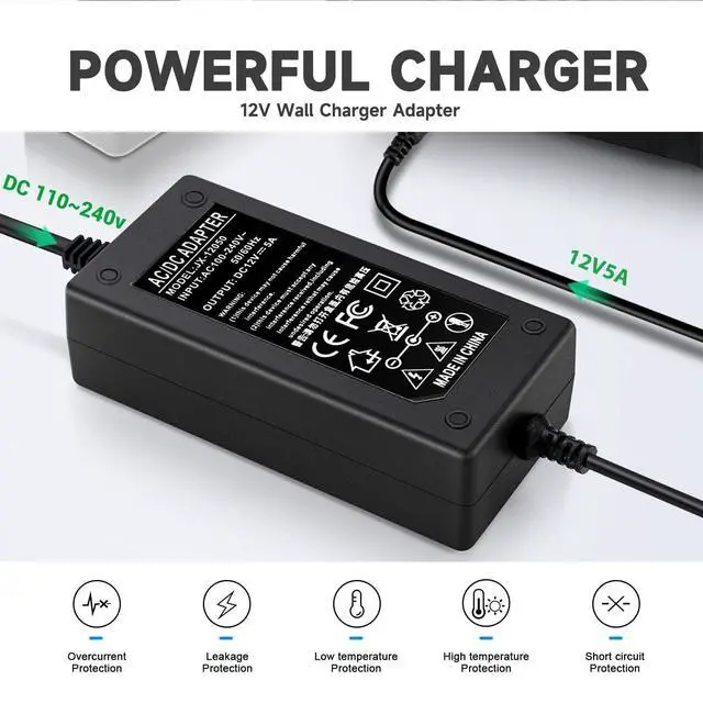 Alt view image 4 of 5 - DC 12V 5A Power Supply Adapter Converter Transformer 60W AC 100-240V Input 50/60hz with 12 Volt 5 Amp 5.5x2.5mm DC Output Jack for 5050 3528 LED Strip Module Light, DVR NVR CCTV Security Cameras