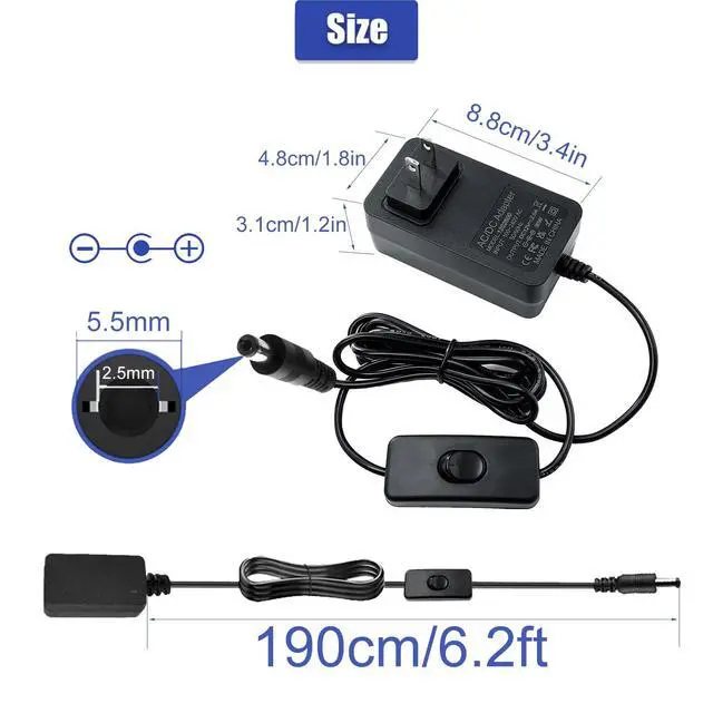 Alt view image 3 of 7 - DC 12V 2.5A Power Supply Adapter AC 100~240V 50-60hz to DC 12V Power Cord 6.2FT with Switch AC to DC 2.5 Amp Converter Transformer with 10 Tips for LED Light CCTV Camera Monitor Router