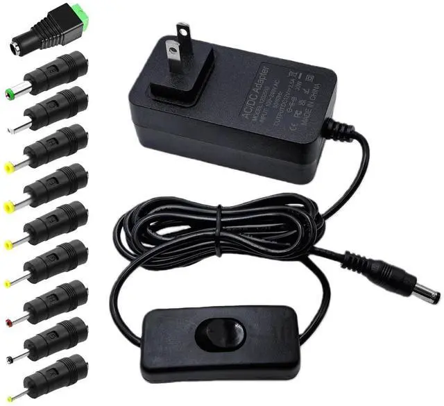Main image of DC 12V 2.5A Power Supply Adapter AC 100~240V 50-60hz to DC 12V Power Cord 6.2FT with Switch AC to DC 2.5 Amp Converter Transformer with 10 Tips for LED Light CCTV Camera Monitor Router