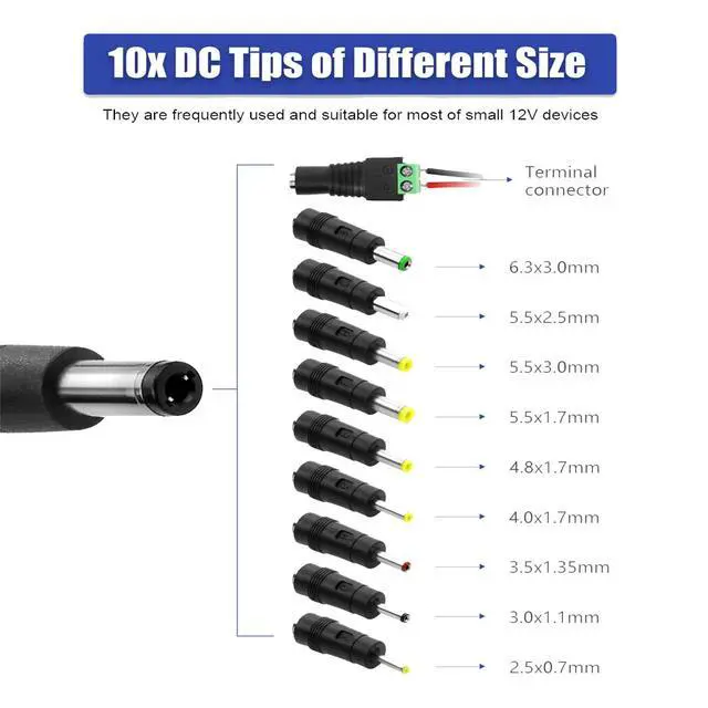 Alt view image 4 of 7 - DC 12V 2.5A Power Supply Adapter AC 100~240V 50-60hz to DC 12V Power Cord 6.2FT with Switch AC to DC 2.5 Amp Converter Transformer with 10 Tips for LED Light CCTV Camera Monitor Router