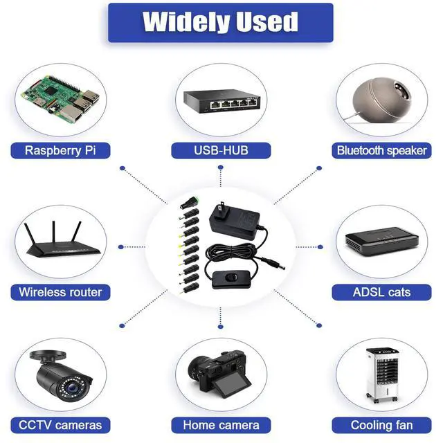 Alt view image 6 of 7 - DC 12V 2.5A Power Supply Adapter AC 100~240V 50-60hz to DC 12V Power Cord 6.2FT with Switch AC to DC 2.5 Amp Converter Transformer with 10 Tips for LED Light CCTV Camera Monitor Router