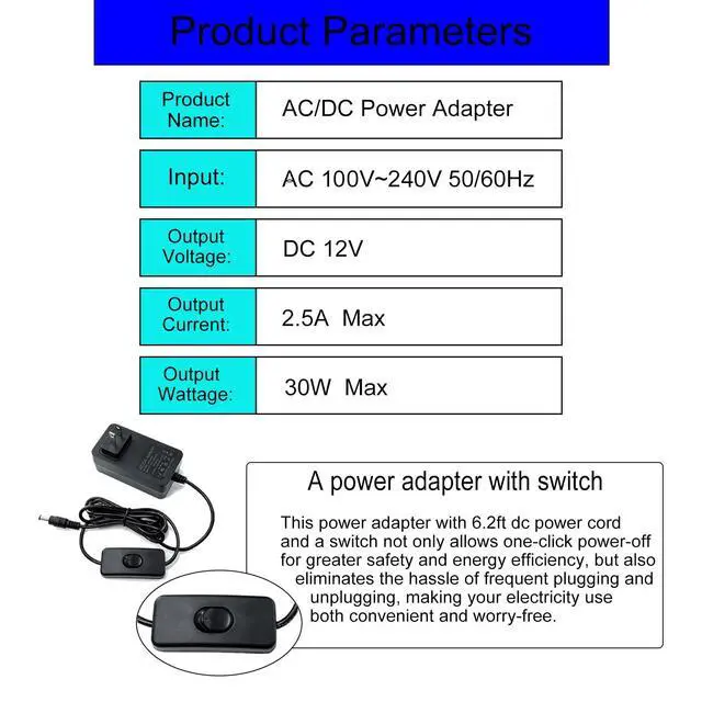 Alt view image 2 of 7 - DC 12V 2.5A Power Supply Adapter AC 100~240V 50-60hz to DC 12V Power Cord 6.2FT with Switch AC to DC 2.5 Amp Converter Transformer with 10 Tips for LED Light CCTV Camera Monitor Router