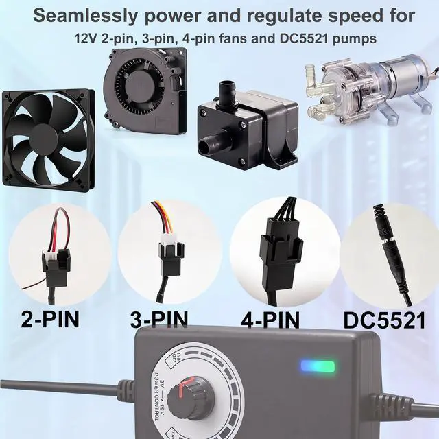 Alt view image 4 of 7 - 12V PC Fan Speed Controller, AC Plug with 4X 4-Pin Splitter Cable | 36W Power Adapter ,Compatible 2/3/4-Pin, Cooling Project for Nas Server AV Cabinet DVR TV Router Receiver Xbox Greenhouse