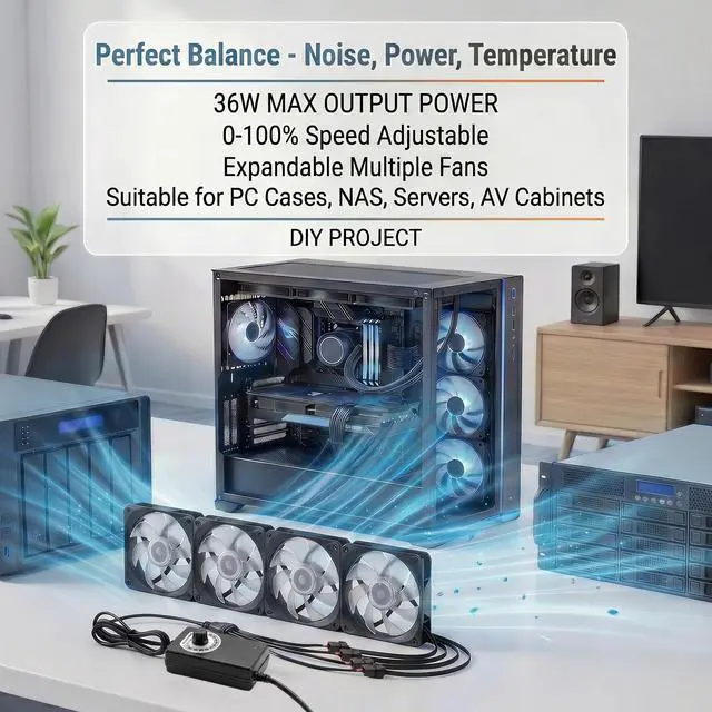 Alt view image 5 of 7 - 12V PC Fan Speed Controller, AC Plug with 4X 4-Pin Splitter Cable | 36W Power Adapter ,Compatible 2/3/4-Pin, Cooling Project for Nas Server AV Cabinet DVR TV Router Receiver Xbox Greenhouse