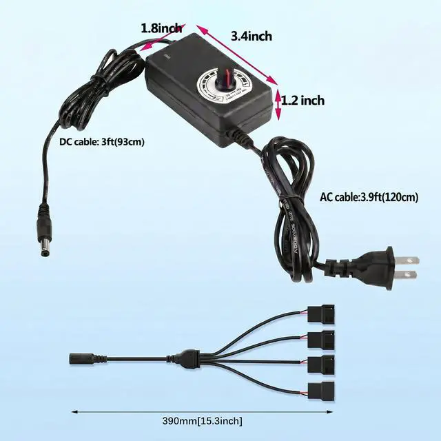 Alt view image 7 of 7 - 12V PC Fan Speed Controller, AC Plug with 4X 4-Pin Splitter Cable | 36W Power Adapter ,Compatible 2/3/4-Pin, Cooling Project for Nas Server AV Cabinet DVR TV Router Receiver Xbox Greenhouse