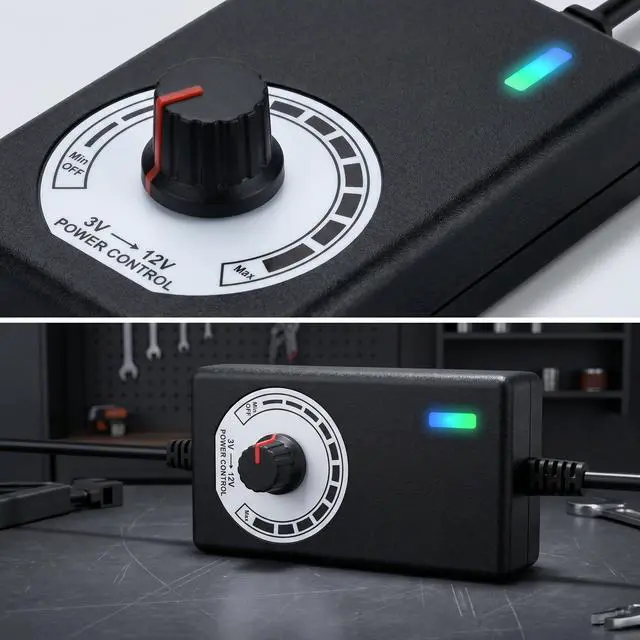Alt view image 4 of 7 - 3-12V 24W Adjustable Power Supply Fan Speed Controller, 100-240V AC to DC 3-12V 2A Adapter with DC5521 to Dual 4-Pin Splitter Cable, for 2/3/4-Pin 12V Fans, Pumps, PC Cases, DIY Projects